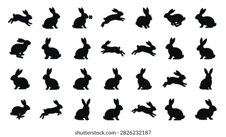 Diverse collection of black rabbit and bunny silhouettes in various action poses including jumping running and sitting perfect for easter designs or pet icons.