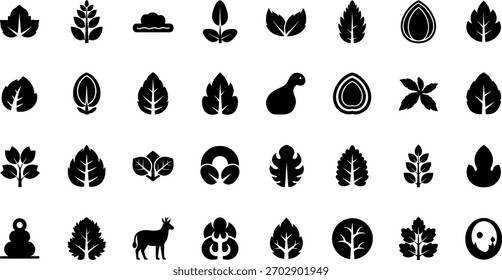 A diverse collection of black silhouette vector icons featuring various leaves, plants, and other organic nature elements, suitable for graphic design, web, and app projects.
