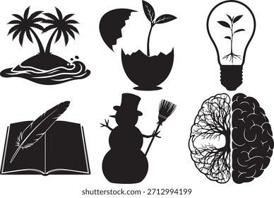 Diverse collection of black silhouettes presenting a serene tropical island, new life with a plant emerging from an egg and inside a light bulb, classic open book with a feather, festive snowman, and intricate brain with tree roots.