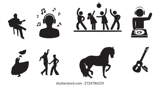 Una colección diversa de siluetas negras que representan varias formas de música, danza y un majestuoso caballo