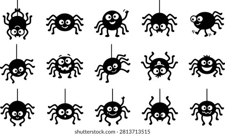 A diverse collection of black spider silhouettes with varying expressions, perfect for Halloween graphics, spooky designs, and creepy crawly themed projects.