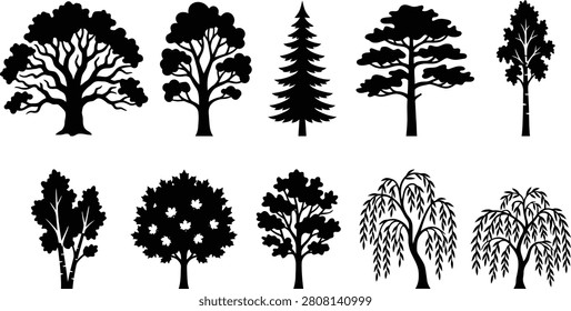 Diverse collection of black tree silhouettes presented as a clean vector graphic design for environmental or nature based creative projects