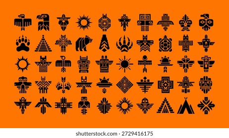 Diversa colección de iconos de vectores negros inspirados en el arte indígena y tribal, con símbolos geométricos, tótems de animales, soles y diseños indígenas tradicionales para proyectos culturales.