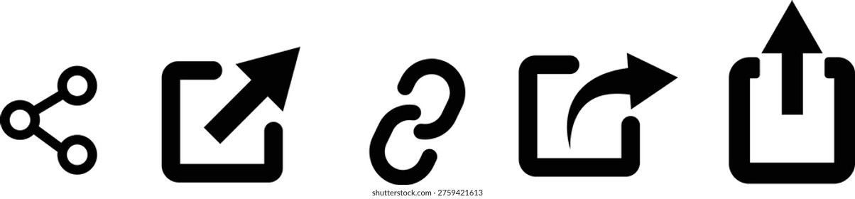 A diverse collection of black vector icons illustrating common user interface actions like sharing linking and uploading information