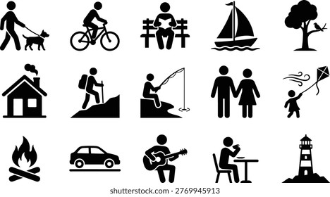 Diverse collection of black vector silhouette icons representing various leisure activities and outdoor pursuits