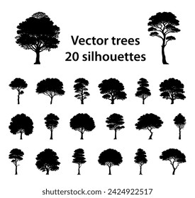 Diverse collection of black vector tree silhouettes isolated on white background for design elements