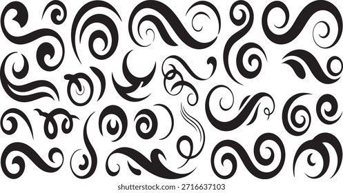 Uma coleção diversificada de redemoinhos abstratos em preto e branco, floreios e elementos de design decorativos.