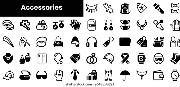 A diverse collection of black and white accessory icons, featuring jewelry, bags, and wearable items, showcasing creativity and style.