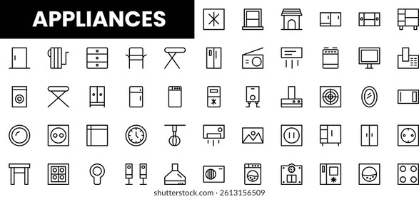 A diverse collection of black and white appliance icons for various household uses.