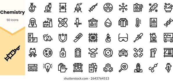 A diverse collection of black and white chemistry icons, featuring laboratory equipment, molecular structures, and scientific symbols, perfect for educational use.