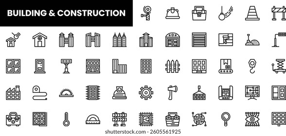 A diverse collection of black and white construction and building icons.