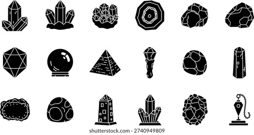 A diverse collection of black and white glyph icons featuring various crystals, gemstones, geodes, a crystal ball, pyramid, dodecahedron, and mystical objects.