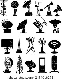 A diverse collection of black and white icons representing various satellite dishes, antennas, and communication towers. The set includes different types of satellite receivers and broadcast towers