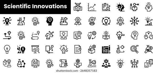 A diverse collection of black and white icons representing scientific innovations, research, and creative thinking, ideal for educational or professional use.
