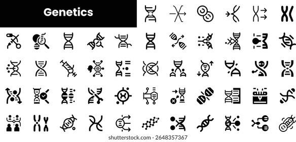 Uma coleção diversificada de ícones em preto e branco representando a genética, incluindo cadeias de DNA, cromossomos e símbolos de modificação genética, adequados para uso científico.