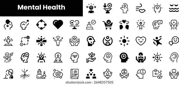 Uma coleção diversificada de ícones em preto e branco relacionados à saúde mental, mostrando símbolos de apoio, bem-estar e bem-estar emocional.
