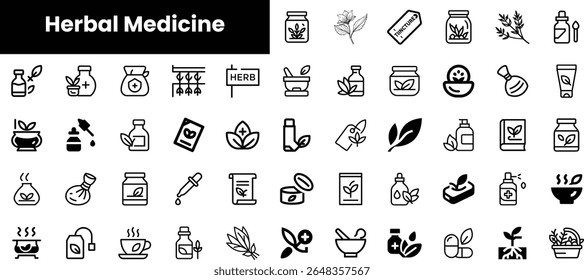 A diverse collection of black and white icons representing herbal medicine, showcasing various products, tools, and ingredients associated with natural healing methods.