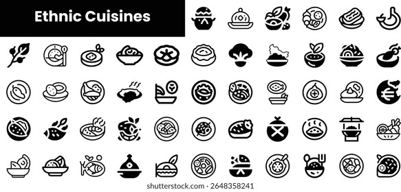 Uma coleção diversificada de ícones em preto e branco que representam várias cozinhas étnicas de todo o mundo, apresentando pratos e ingredientes únicos.