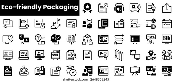 A diverse collection of black and white icons representing eco-friendly packaging, showcasing various concepts such as communication, education, and online interaction.