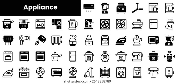A diverse collection of black and white icons representing various household appliances, including kitchen devices, cleaning tools, and personal care items.