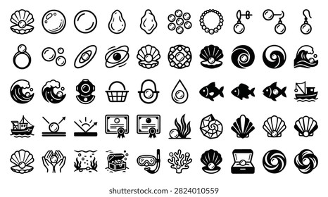 A diverse collection of black and white icons representing marine life, jewelry, and related objects.