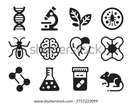 Diverse collection of black and white icons for science and medicine, dna, microscope, lab flask