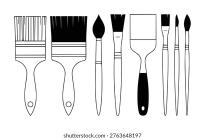 A diverse collection of black and white paintbrushes, showcasing different bristle types and handle shapes, presented a clean white background.