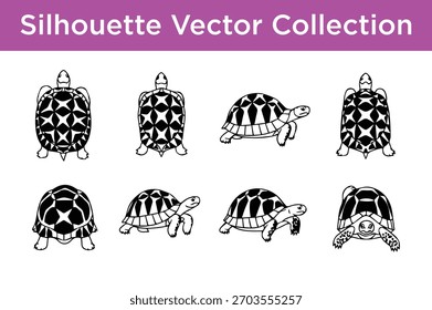 Uma coleção diversificada de silhuetas de tartaruga e tartaruga preto e branco, apresentando várias poses e padrões de conchas, ideais para design gráfico.