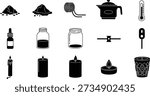 A diverse collection of black and white vector icons featuring items such as piles of powder, various jars and bottles, candles, a teapot, and measurement tools.