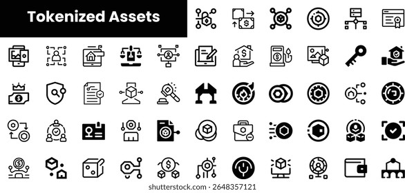 Uma coleção diversificada de ícones vetoriais em preto e branco que representam ativos criptografados, apresentando vários temas financeiros, legais e de segurança.