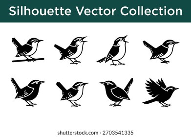 Uma coleção diversificada de silhuetas vetoriais em preto e branco com pequenos pássaros, como os wrens, em várias poses.