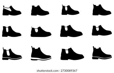 Diversa colección de iconos de vectores en blanco y negro que representan varios estilos de botas Chelsea y botines para la moda.