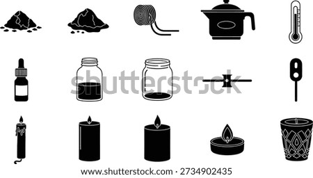 A diverse collection of black and white vector icons featuring items such as piles of powder, various jars and bottles, candles, a teapot, and measurement tools.