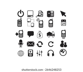 Diverse collection of black and white web icons showcasing technology, communication, business and multimedia elements, suitable for website design and application interfaces.