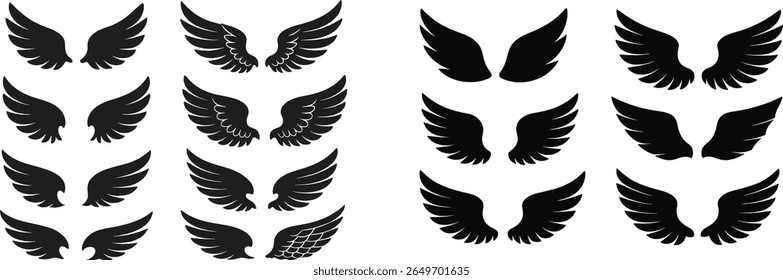 Uma coleção diversificada de ilustrações de asa negra mostra projetos complexos, capturando a essência do voo e da liberdade. Perfeito para uso artístico ou de design.
