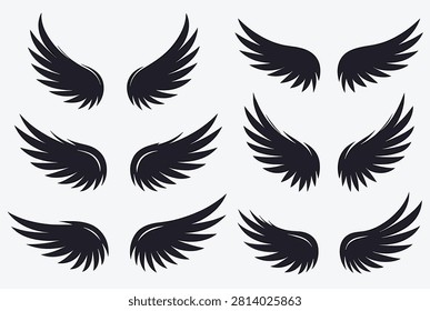 Diverse collection of black wing silhouettes ranging from feathered bird wings to mythical angel and demon styles.