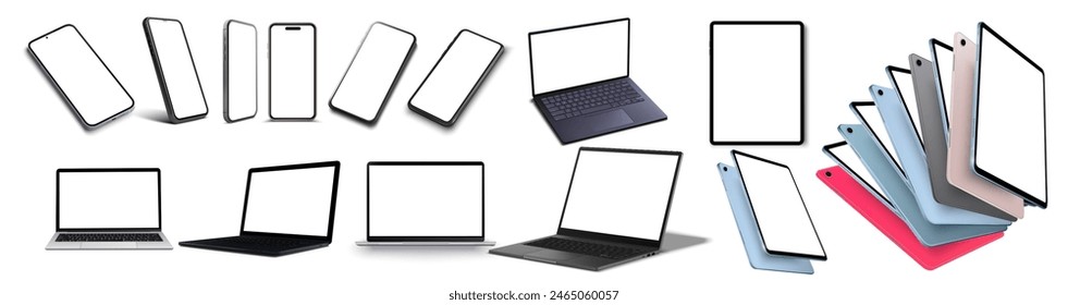 Diverse collection of blank electronic devices, including smartphones, tablets, and laptops, with white screens ready for design mockups. Ideal for showcasing digital content or app interfaces. Vector