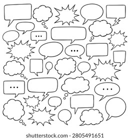 A diverse collection of blank speech bubbles and thought balloons presented as a black and white vector illustration, ideal for communication concepts.