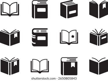 Uma Coleção Diversificada de Ícones de Livros Representando Educação e Literatura de Leitura em uma Variedade de Formas e Estilos
