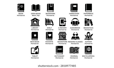 Diverse collection of bookstore and library icons including books reading accessories educational resources research journals digital e readers library furniture reading glasses literary tools publishing symbols bookstore collection vector icon set.