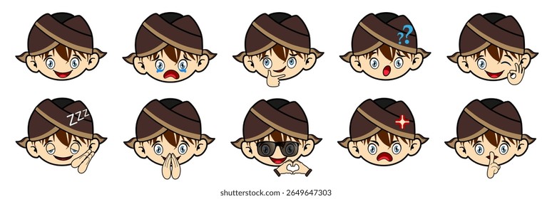 A diverse collection of boy character wearing blangkon (traditional Javanese hat) showing various facial expressions, perfect for digital communication, on white background