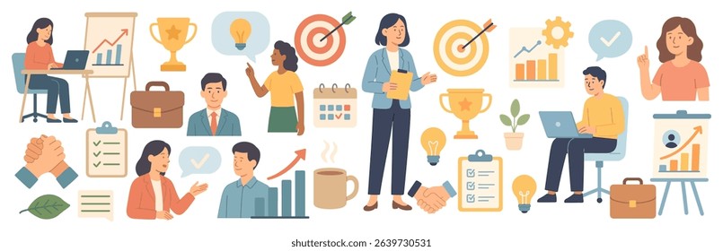 Diverse collection of business people with successful strategies and achieving goals in professional setting