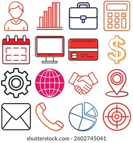 Diverse collection of business and personal icons arranged on a white background