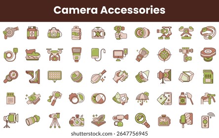 Uma coleção diversificada de acessórios de câmera ilustrada em um estilo minimalista, com tripés, lentes, flashes e muito mais em cores em tons de terra, perfeito para fotógrafos.