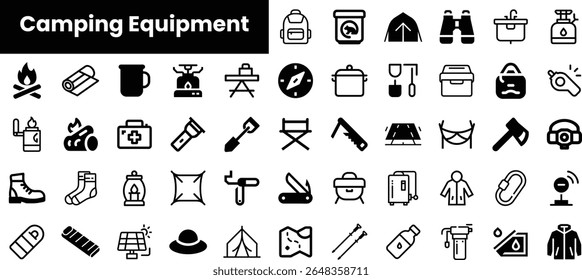 A diverse collection of camping equipment icons, including tents, backpacks, tools, and essentials, perfect for outdoor enthusiasts and adventurers.