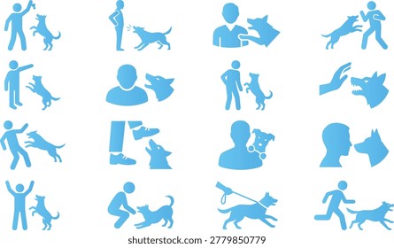 Diverse collection of canine behavioral training pictograms showing various interactions between owners and dogs.