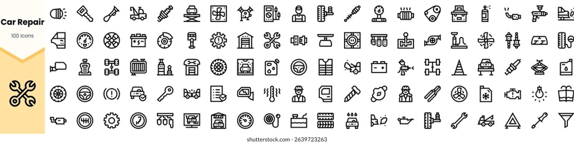 A diverse collection of car repair icons showcasing various tools, parts, and vehicles in a clean, minimalist style, ideal for automotive designs.