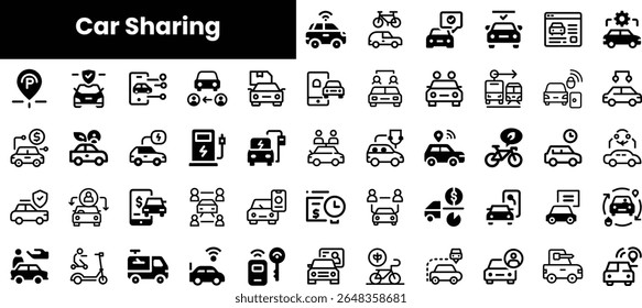 A diverse collection of car sharing icons illustrating various concepts like vehicles, bicycles, charging stations, and services in a modern digital style.