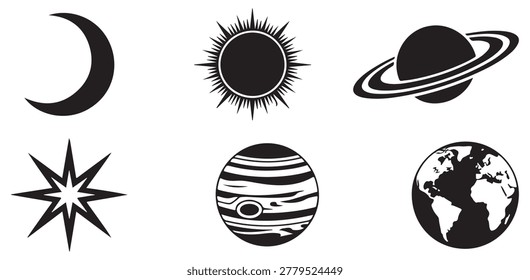 Diverse collection of celestial body vector icons: moon, sun, saturn, star, jupiter, and earth globe.