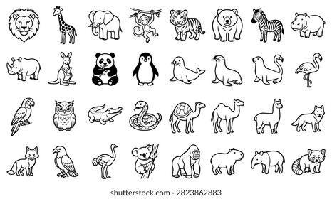A diverse collection of charming hand-drawn illustrations featuring various animals from safaris and zoos.